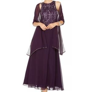 MOTHER OF THE BRIDE J KARA sz 10 L purple sequin beaded maxi dress NEW B77